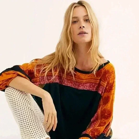 Free People Black Tunic with Mustard & Rust Floral Sleeves - Picture 4 of 6